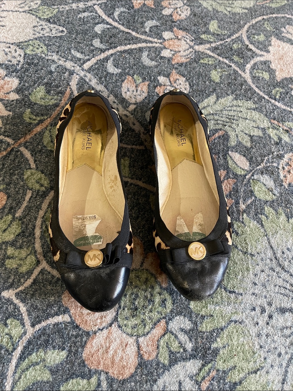 MICHAEL Michael Kors Black Leather & Leopard Print Ballet Flats